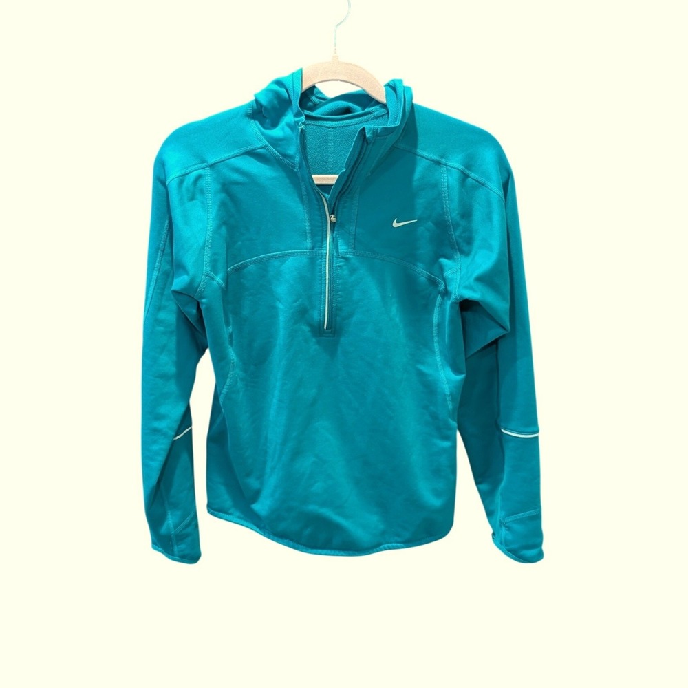 Nike Dri-FIT Half Zip Hooded Running Top Teal Blue Reflective Small Fleece Lined